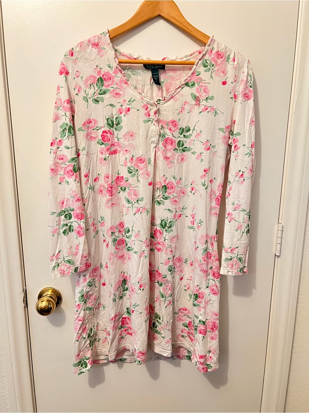 Lauren Ralph Lauren Cream nightgown with Pink Rose and Green Leaf Print